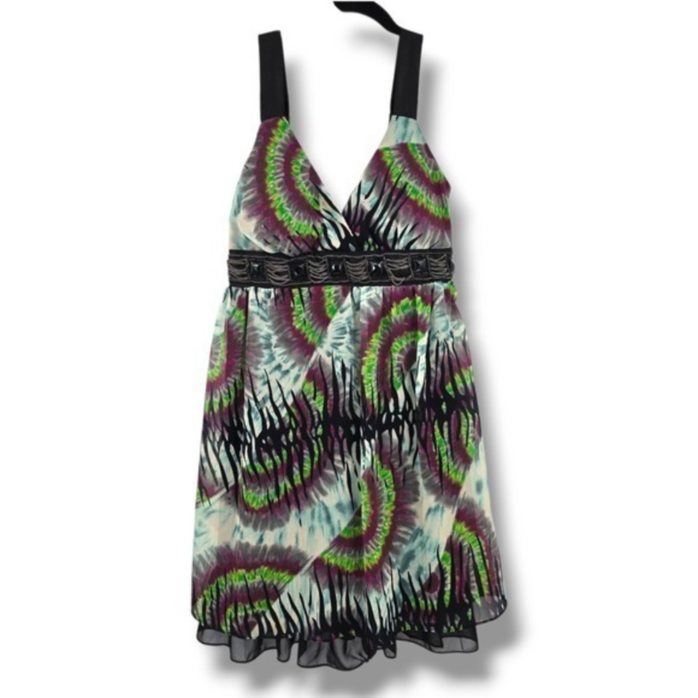 Kitty Sexy Classy Y2K Vintage Dress‎ Tie Dye Halter Beaded Waist Mini Dress S